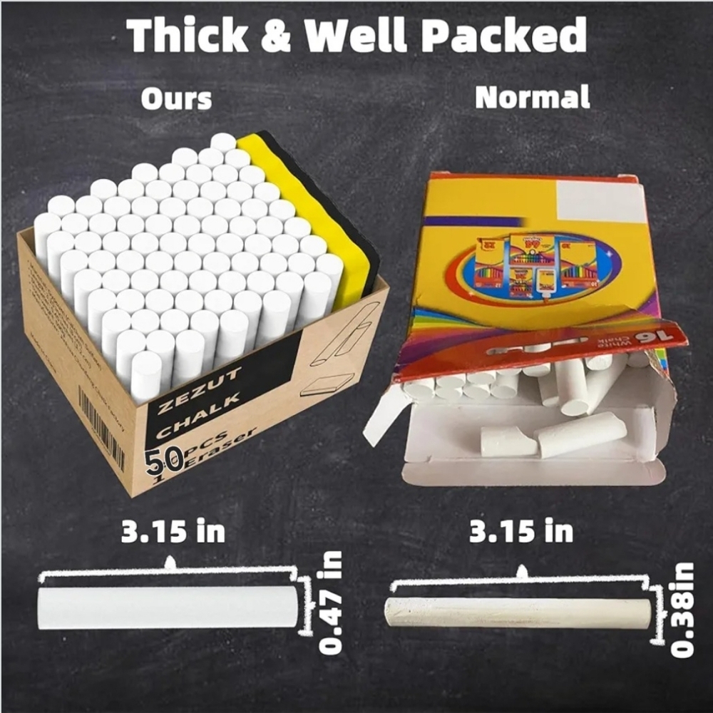 🍎New 50pcs Chalk Sticks White Erasable Non-Toxic & 1 Magnetic Eraser Low Dust